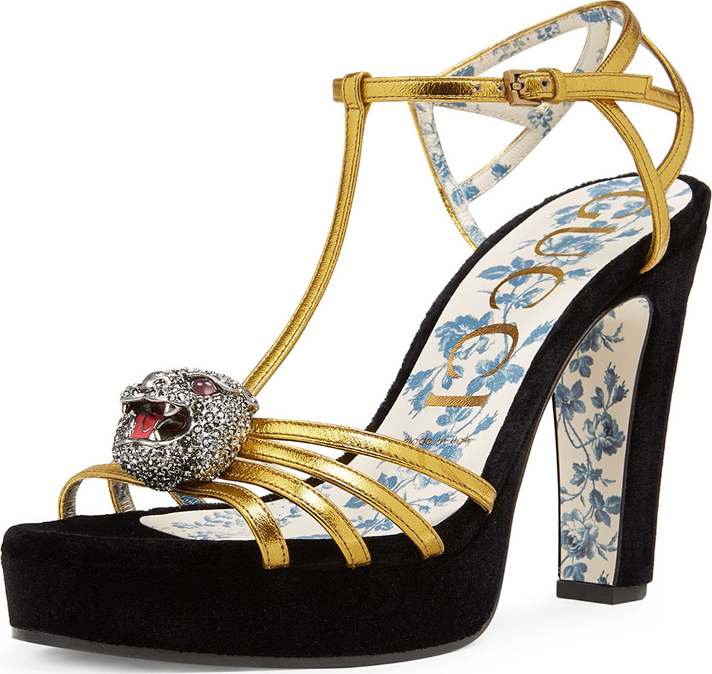 Gucci Elias Velvet-Platform Sandal with Feline Head Ornament