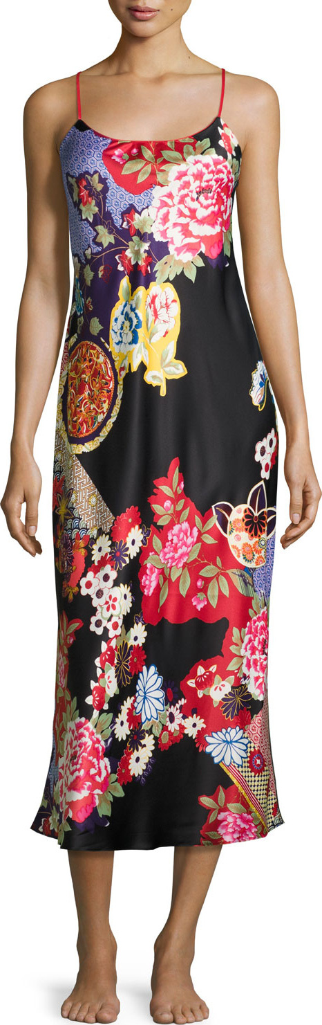 Natori Mikado Floral-Print Satin Gown, Black