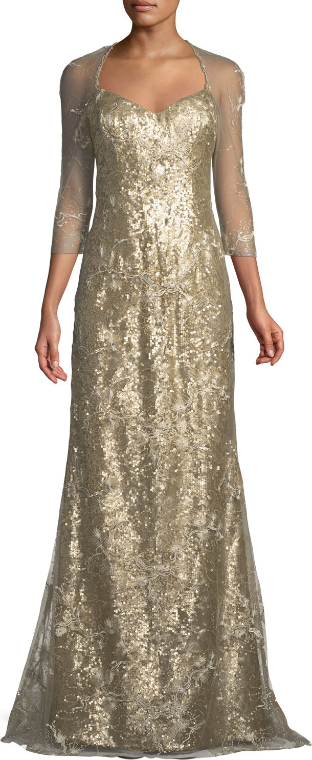 RENE RUIZ Mesh Three-Quarter Sleeve Spider Pattern Sequin Gown