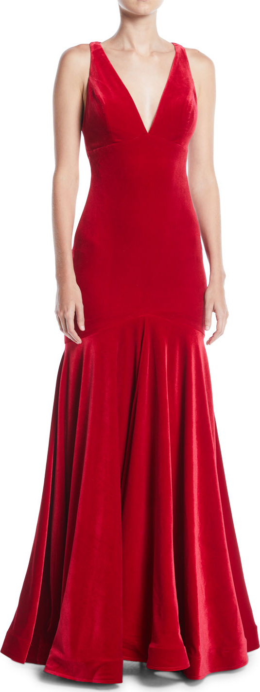 Jovani Deep V-Neck Open-Back Velvet Trumpet Gown