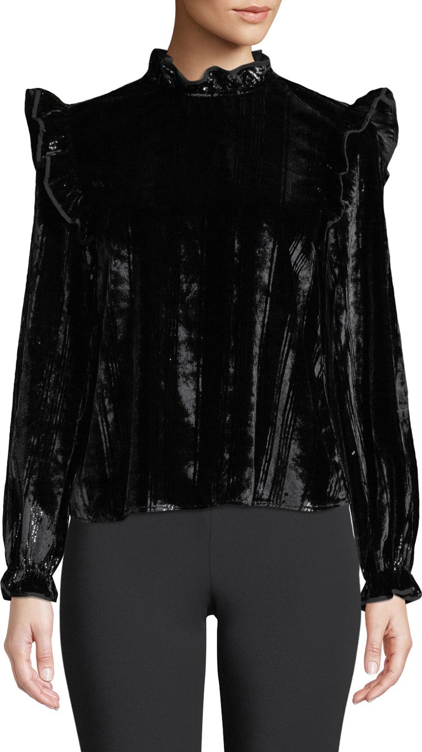 Opening Ceremony Velvet Twill Ruffle Long-Sleeve Blouse