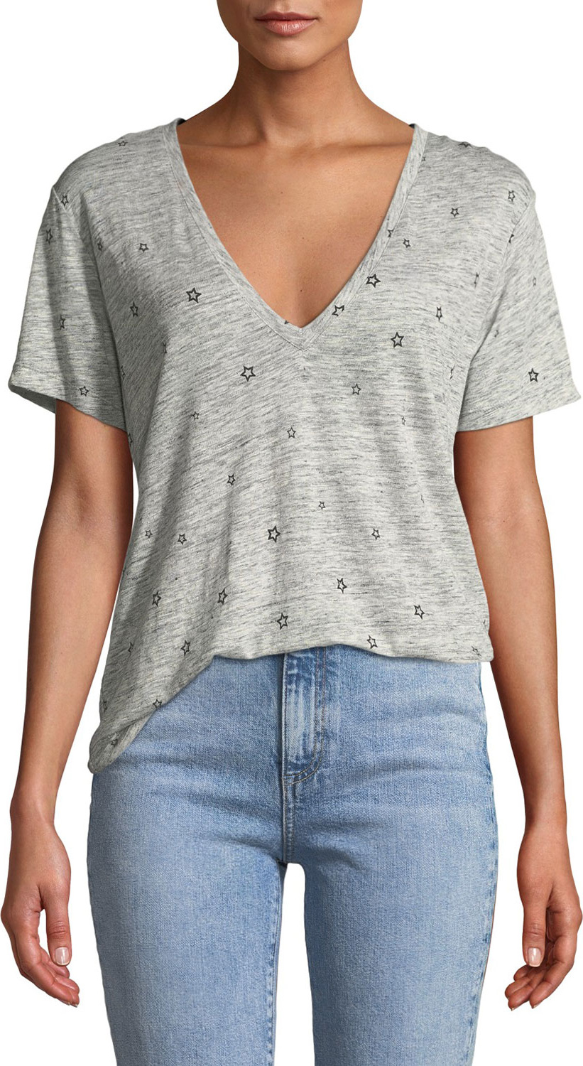 RAILS Cara Star-Print Linen/Tencel V-Neck Tee