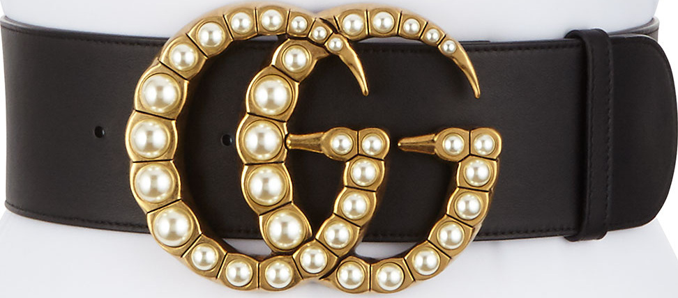 Gucci Wide Leather Belt w/ Pearlescent Beads, Black/Cream