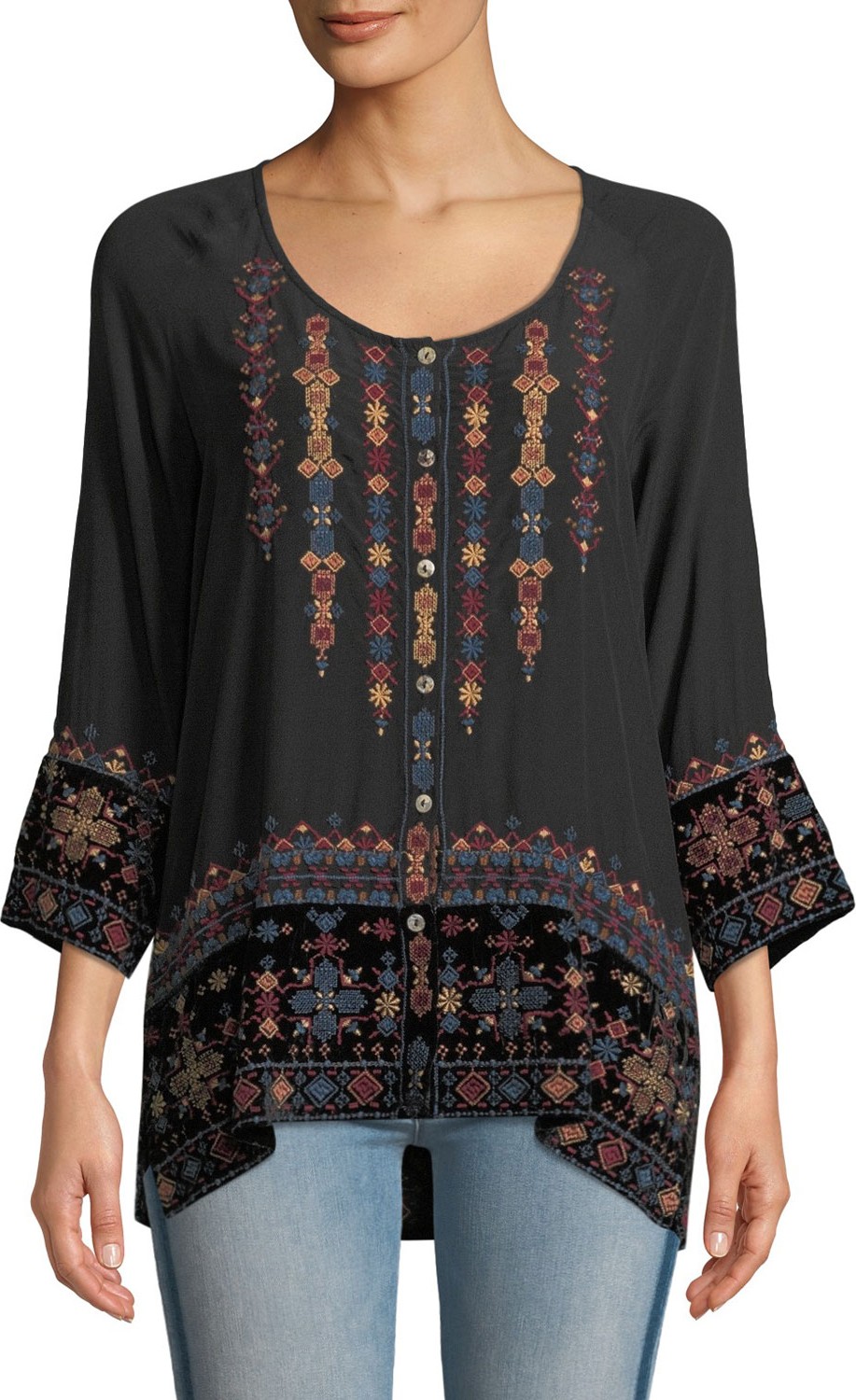 Johnny Was Vika Mixed-Media Velvet & Silk Blouse