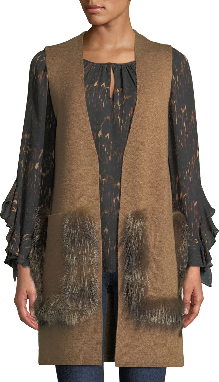 KOBI HALPERIN Rosena Wool-Blend Sweater Vest w/ Fur Pockets KOBI HALPERIN Rosena Wool-Blend Sweater Vest w/ Fur Pockets