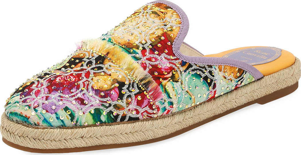 Rene Caovilla Studded Embroidered Flat Espadrille Mule
