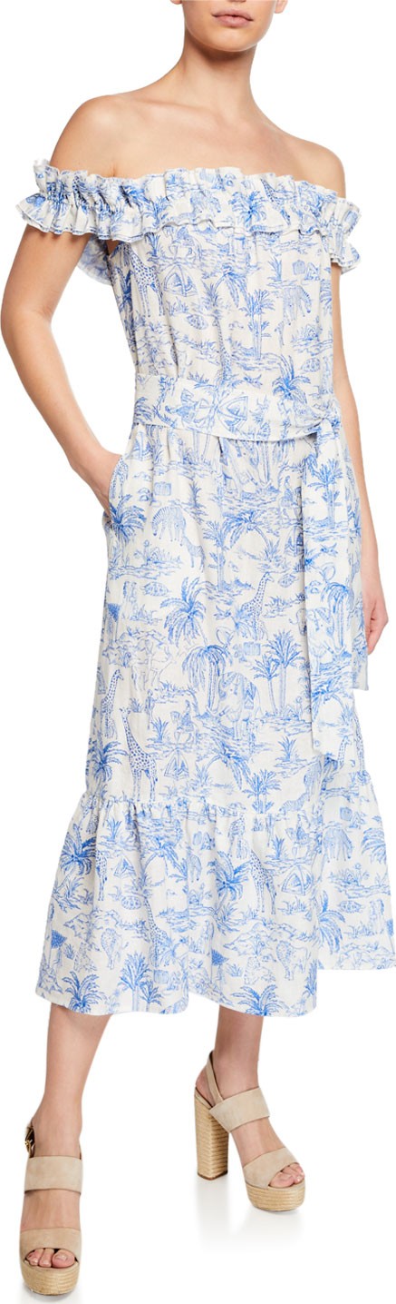Tory Burch Printed Off-the-Shoulder Ruffle Midi Dress