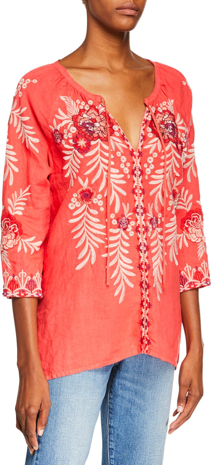 Johnny Was Maya Embroidered Linen Tie-Neck Peasant Blouse