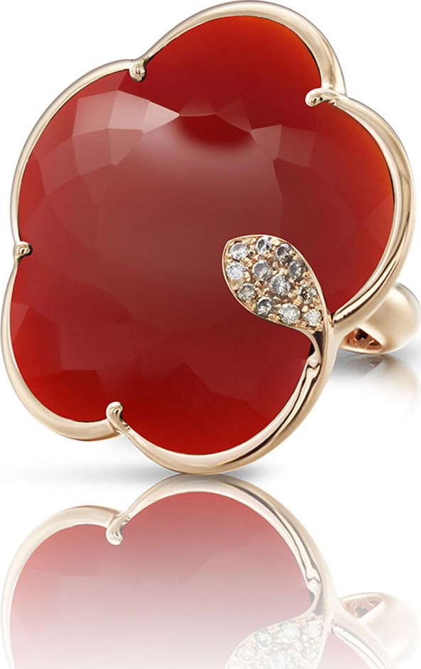 Pasquale Bruni Bon Ton Ton Joli 18k Rose Gold Red Agate Flower Ring w/ Diamond Leaf