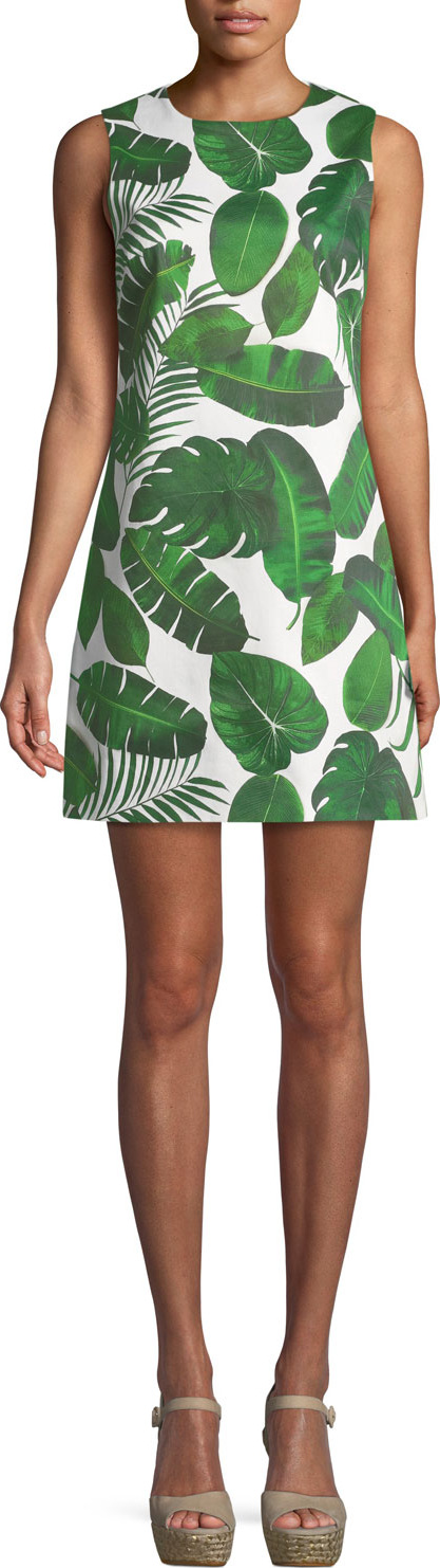 Alice + Olivia Coley Sleeveless Palm-Leaf Print A-Line Dress