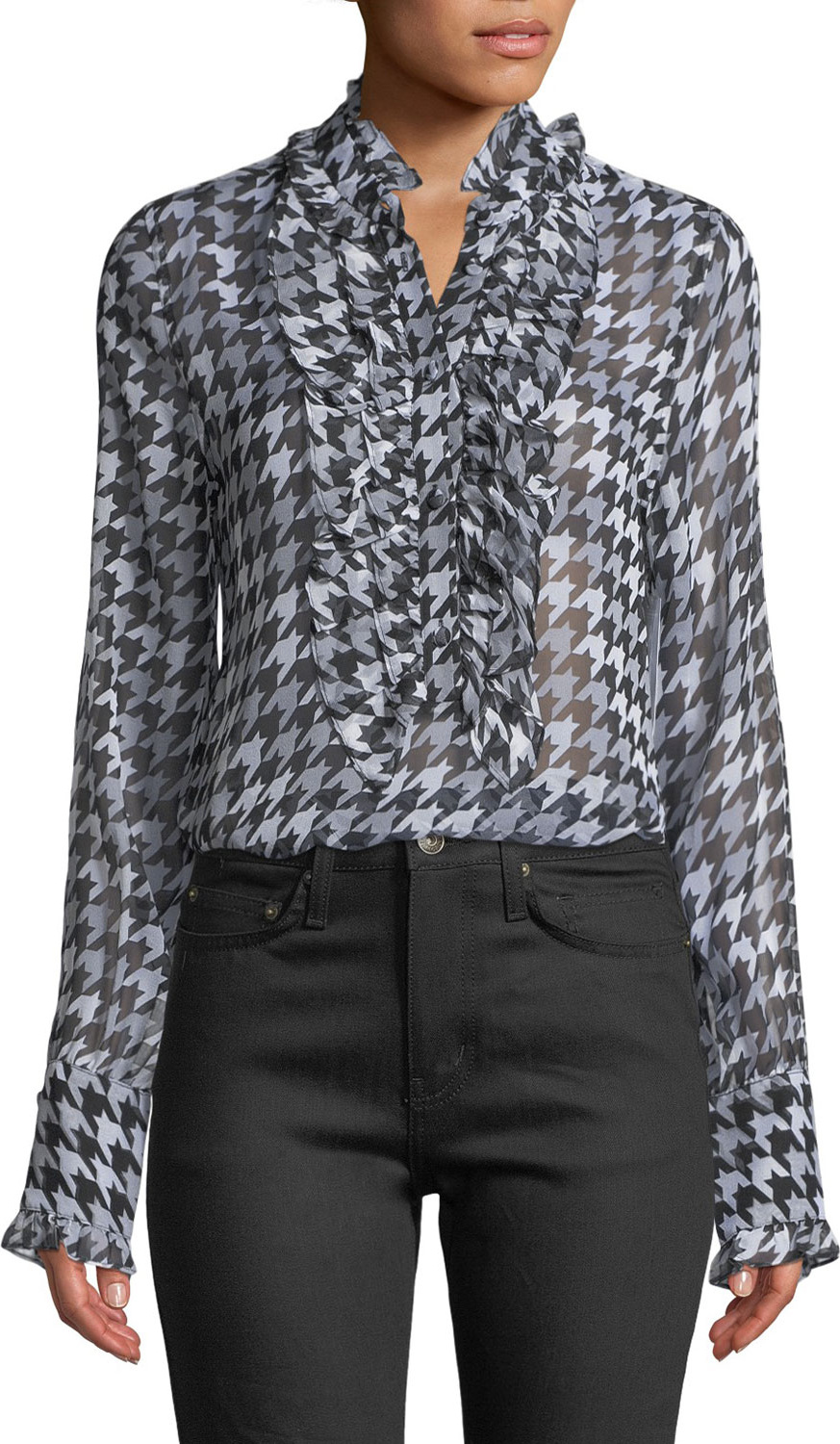 Equipment Samine Ruffled-Bib Long-Sleeve Houndstooth Silk Blouse