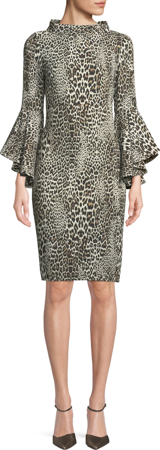 Badgley Mischka Flair Leopard-Print Dress w/ Trumpet Sleeves