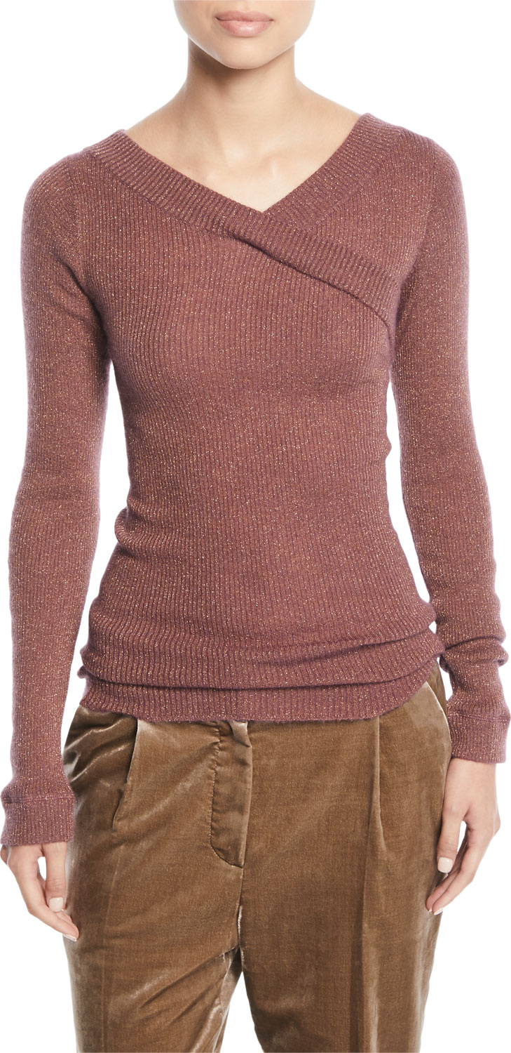 Brunello Cucinelli V-Neck Long-Sleeve Metallic Mohair Ribbed Sweater