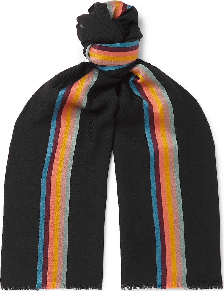 Paul Smith Fringed Striped Herringbone Virgin Wool and Silk-Blend Scarf