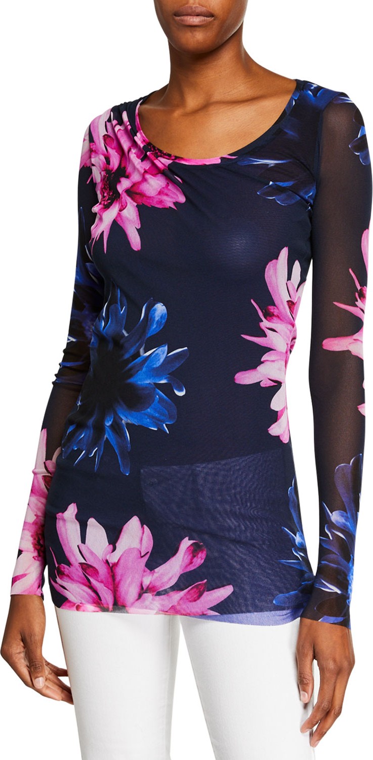 Fuzzi Fracture Floral-Print Scoop-Neck Long-Sleeve Tulle Tee