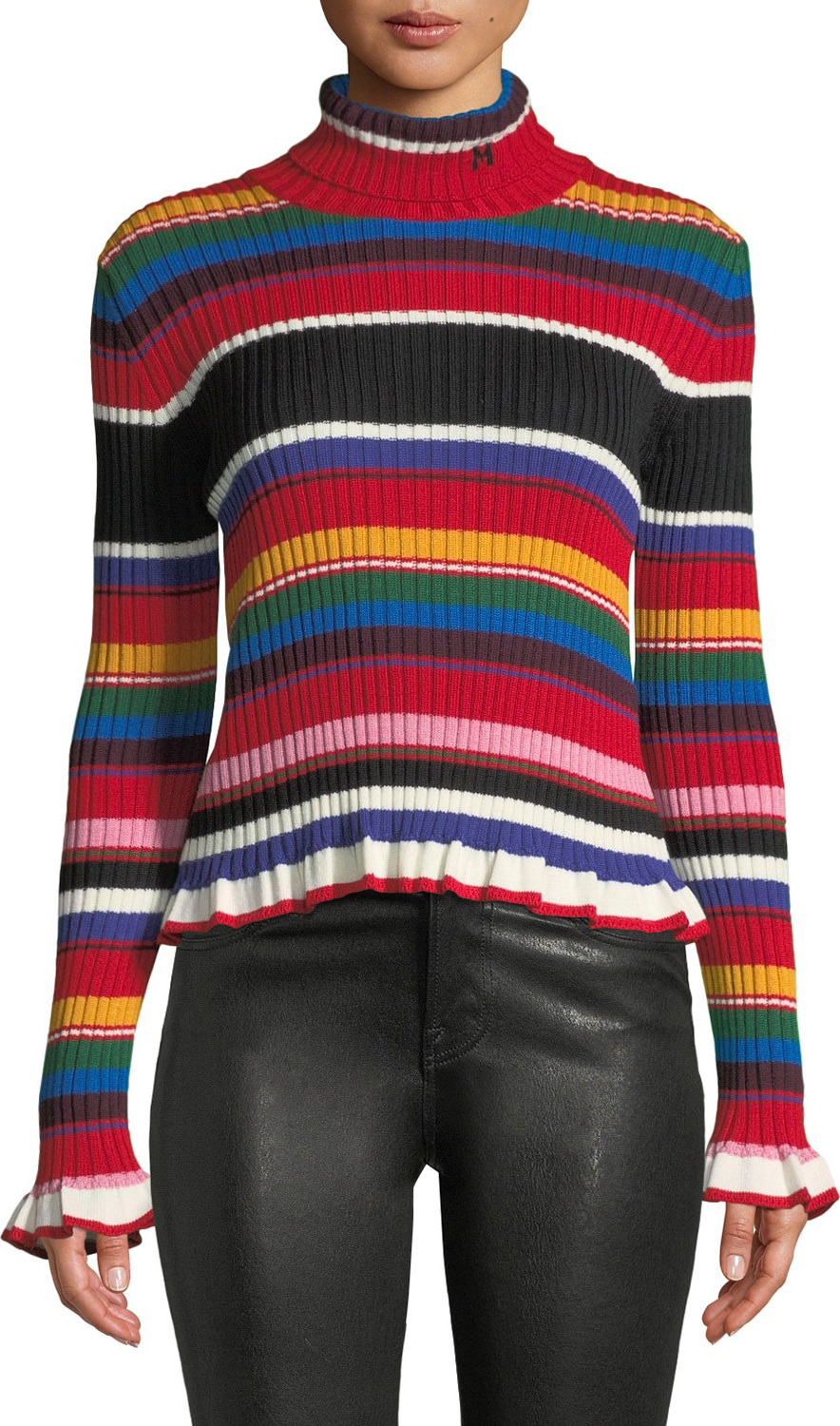 MSGM Striped Turtleneck Rainbow Ruffle Sweater