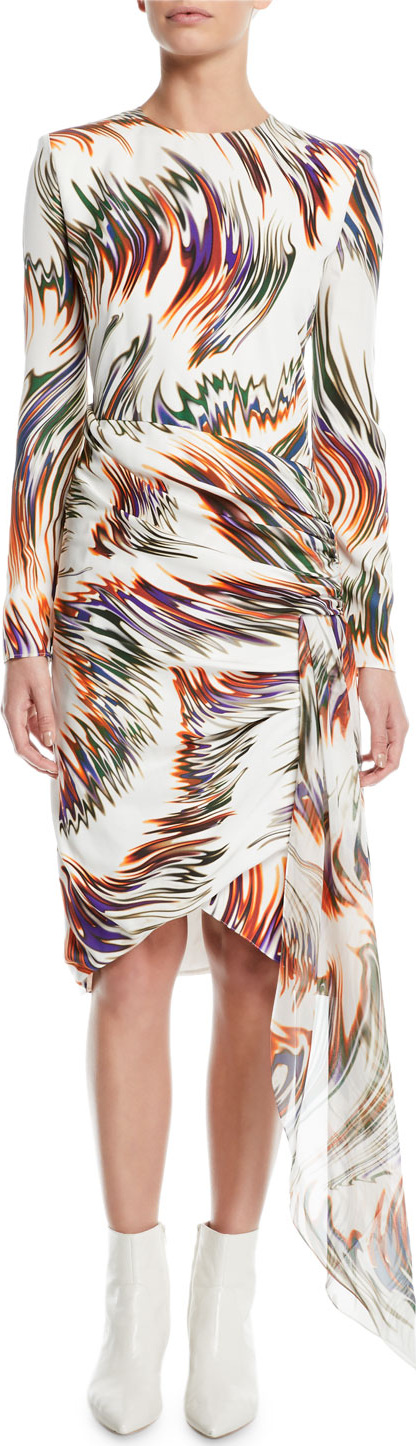 Givenchy Wave-Print Asymmetric Long-Sleeve Dress