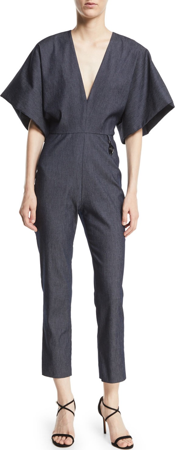 Cushnie Deep-V Kimono-Sleeve Skinny Denim Jumpsuit