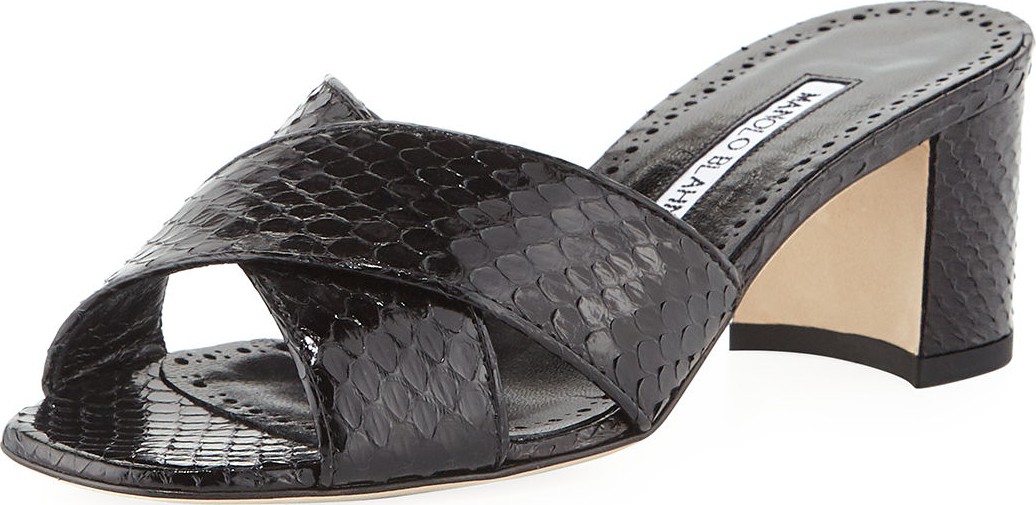 Manolo Blahnik Otawi Crisscross Snakeskin Slide Sandals