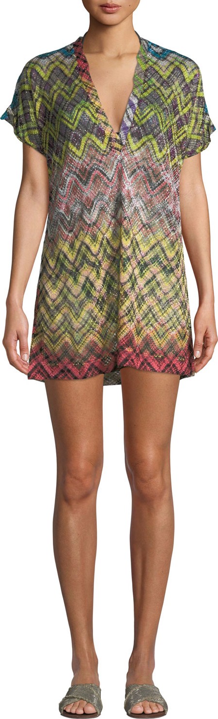 Missoni Printed Metallic V-Neck Short Coverup Tunic