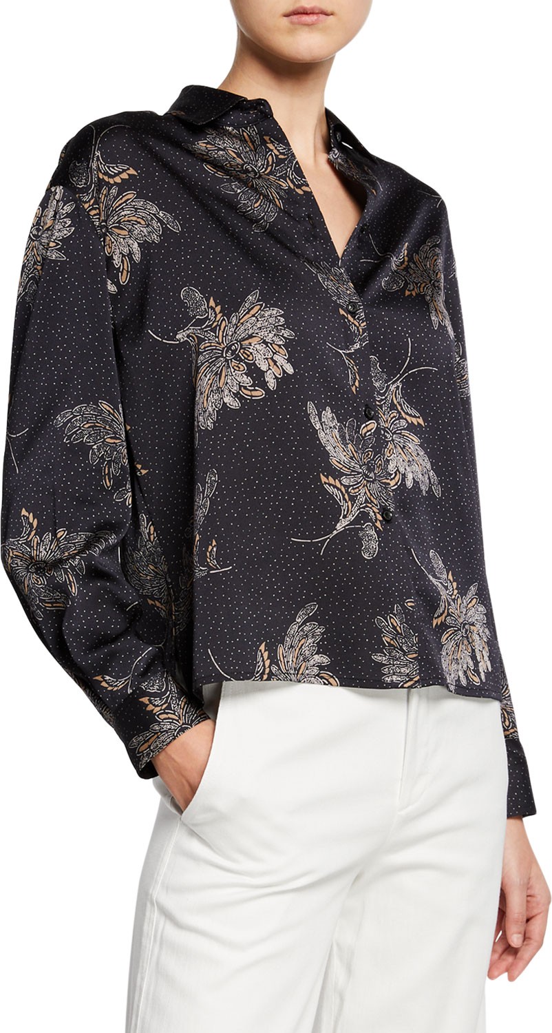 Vince Woodblock Floral Button-Front Blouse