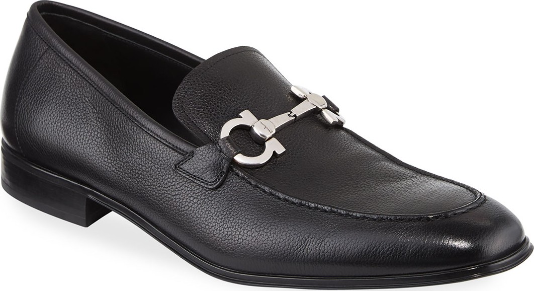 Salvatore Ferragamo Men's Textured Calfskin Gancini Loafer, Black