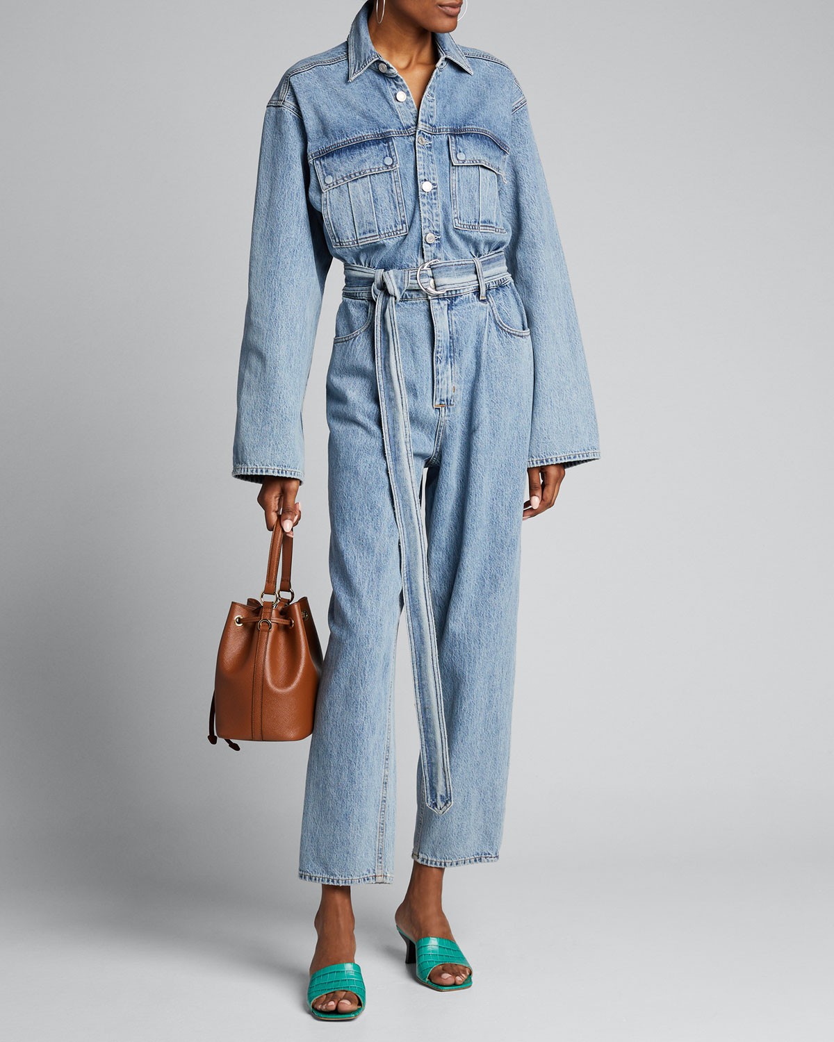 Agolde Tatum Long-Sleeve Belted Denim Jumpsuit
