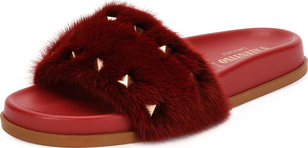 Valentino Rockstud Flat Fur Slide Sandals