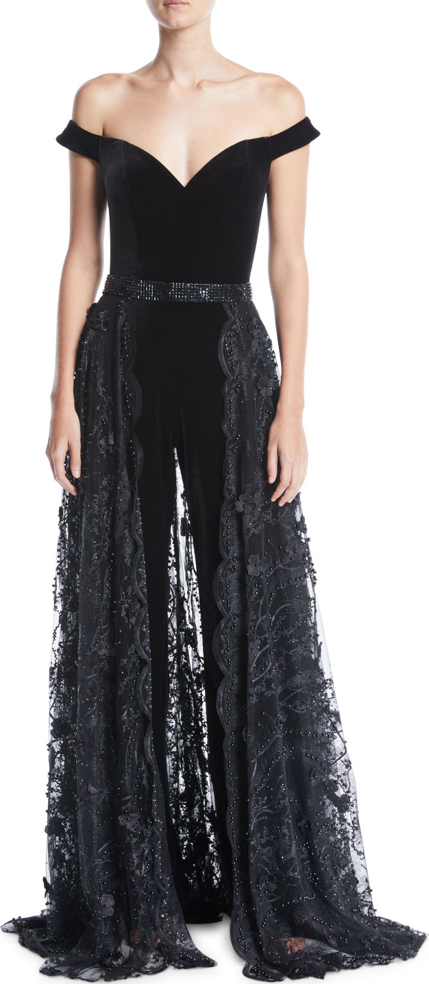 Jovani Off-the-Shoulder Velvet Jumpsuit w/ Lace Overskirt