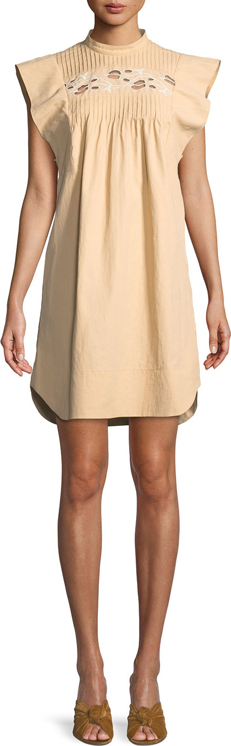 Chloe Short Flutter-Sleeve Coated Linen Dress with Cutout Details