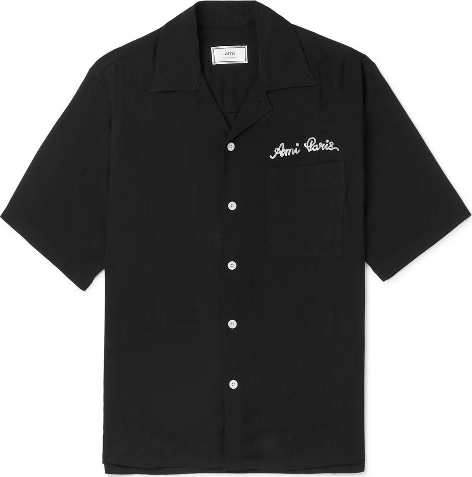 AMI Camp-Collar Logo-Embroidered Woven Shirt