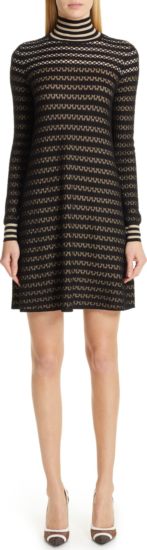 Fendi Striped Silk Stretch Lace Turtleneck Dress