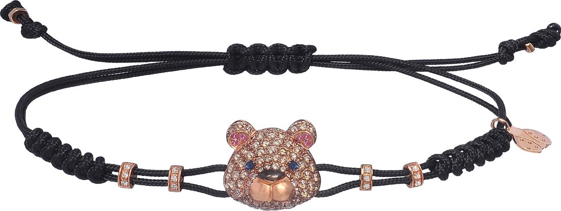 Pippo Perez 18k Pink Gold Brown & White Diamond Toy Bear Pull-Cord Bracelet