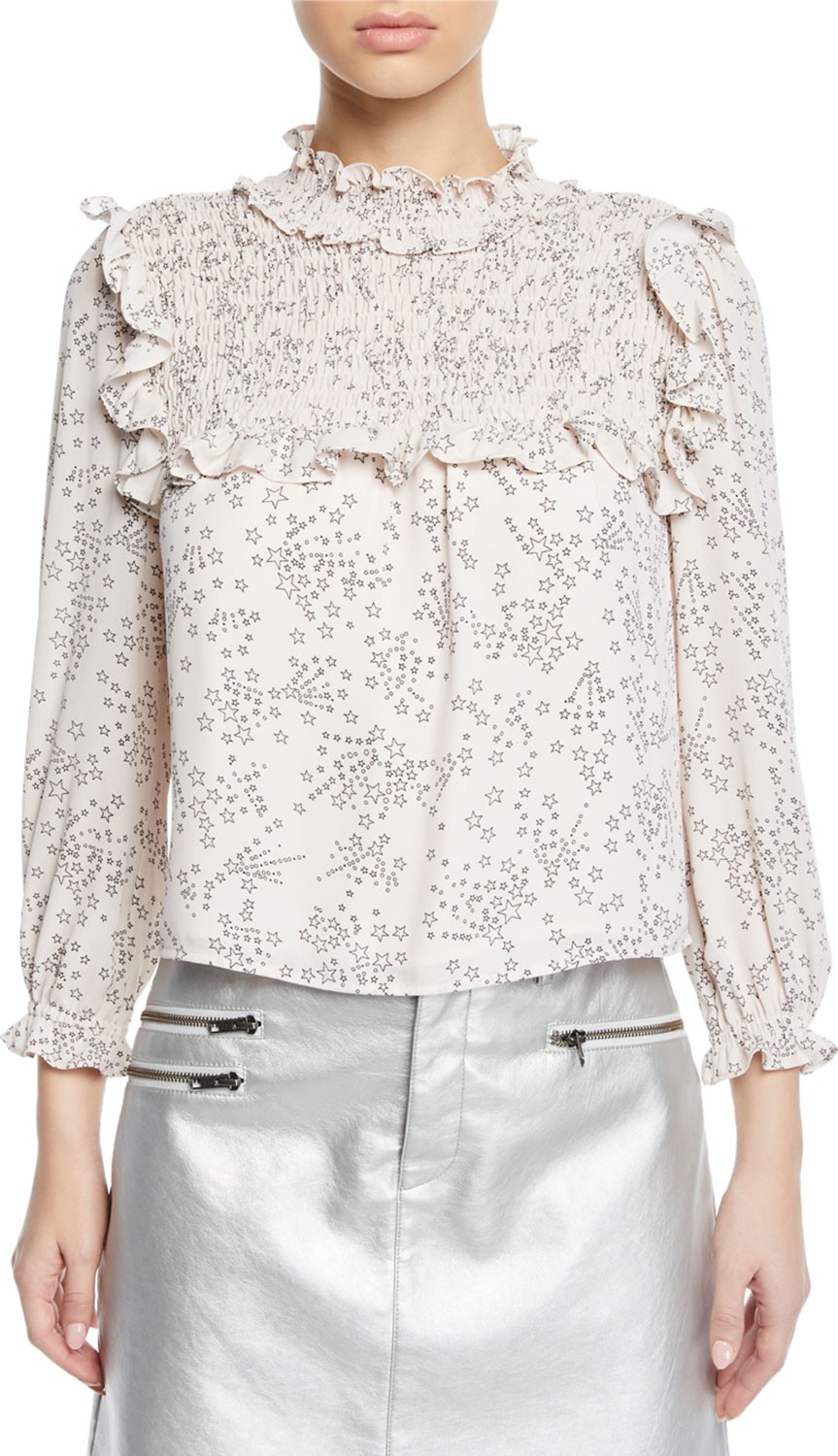 Rebecca Minkoff Sharon Star-Print Smocked Ruffle Top
