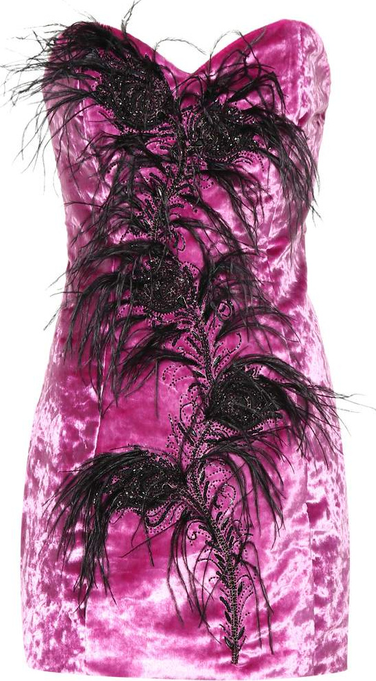 Attico Feather trim velvet bustier dress