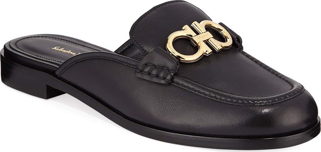 Salvatore Ferragamo Viggio Flat Leather Mule Loafers with Reversible Gancini Bit