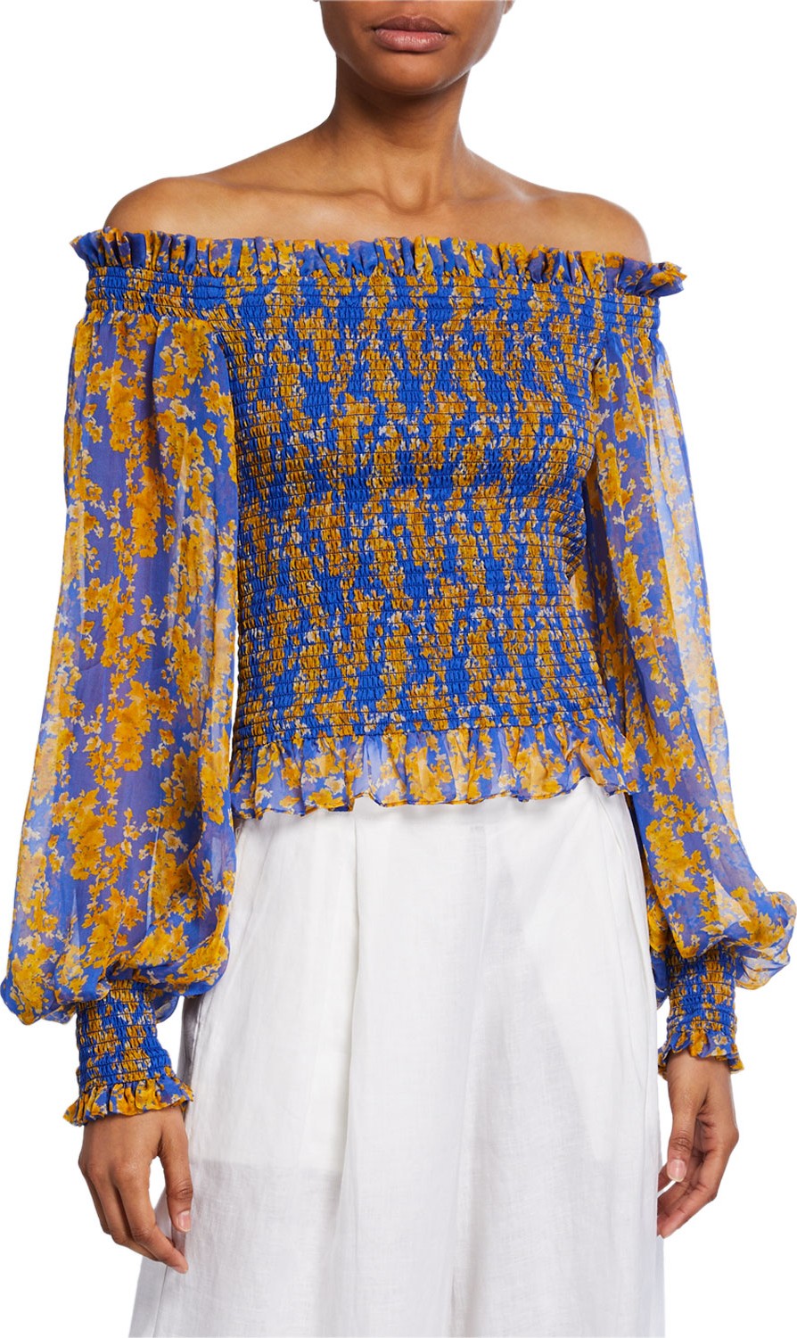Caroline Constas Damaris Floral Off-the-Shoulder Smocked Top