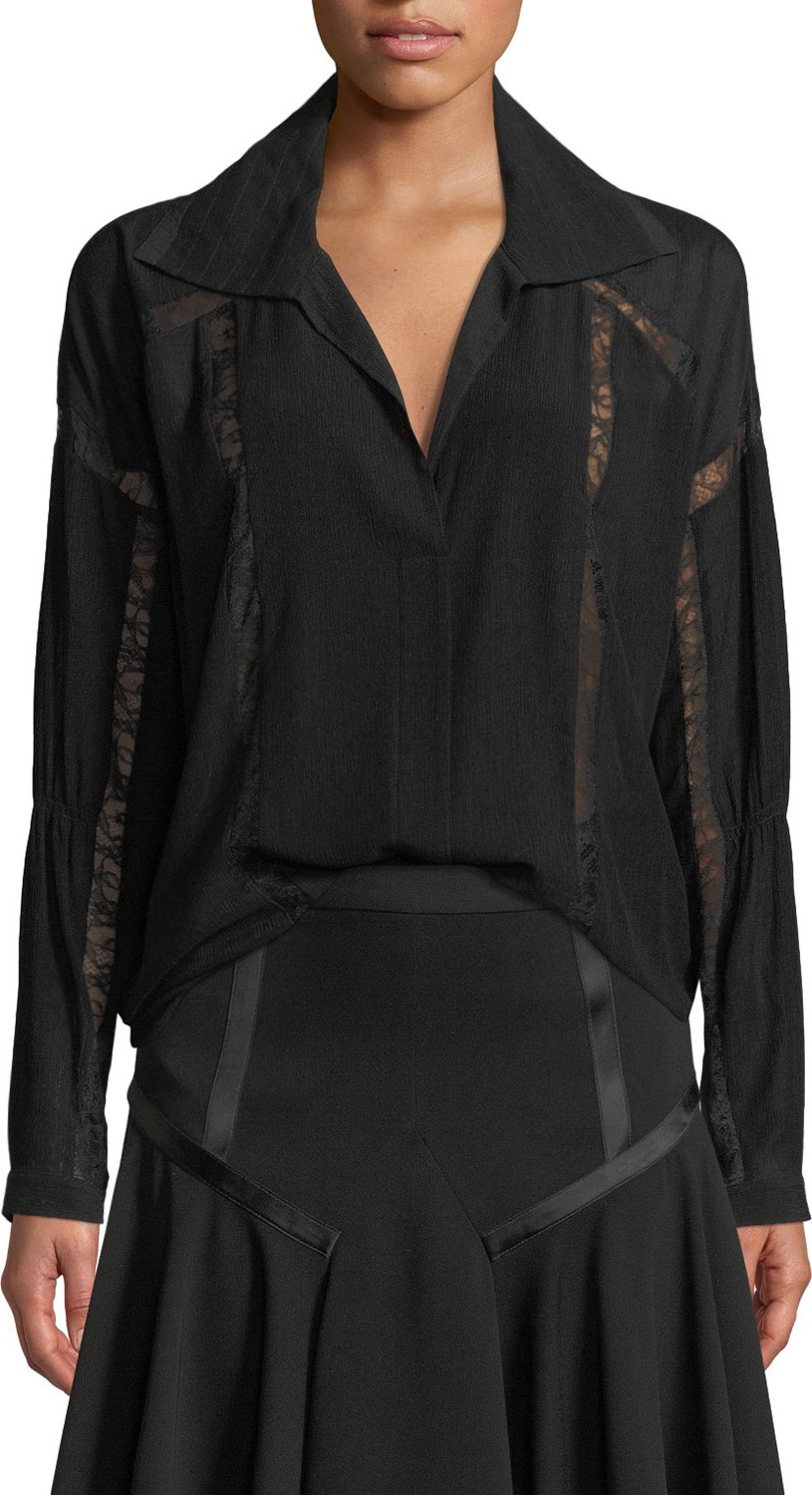 HALSTON HERITAGE Collared Button-Down Lace Detail Blouse