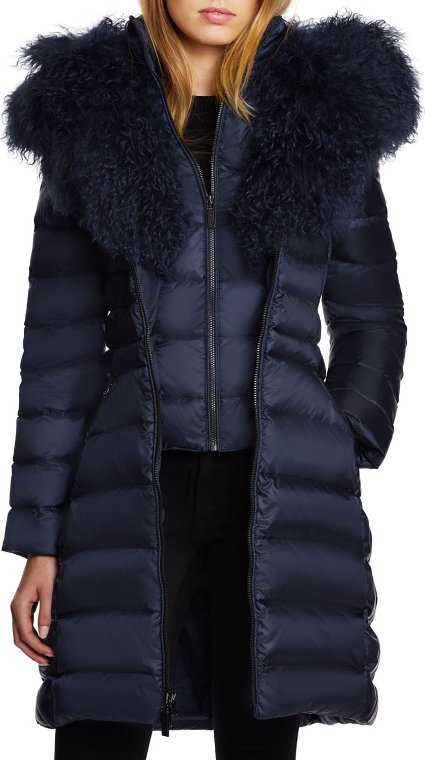 Dawn Levy Camile Mongolian-Trim Fitted Puffer Jacket