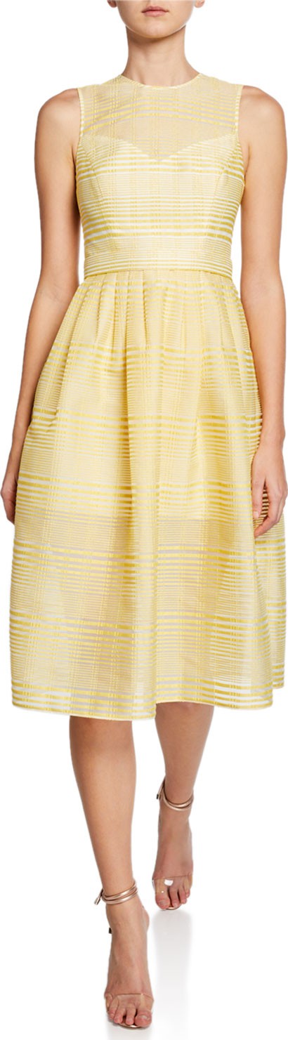 HALSTON HERITAGE High-Neck Sleeveless Striped Organza Fit-and-Flare Dress