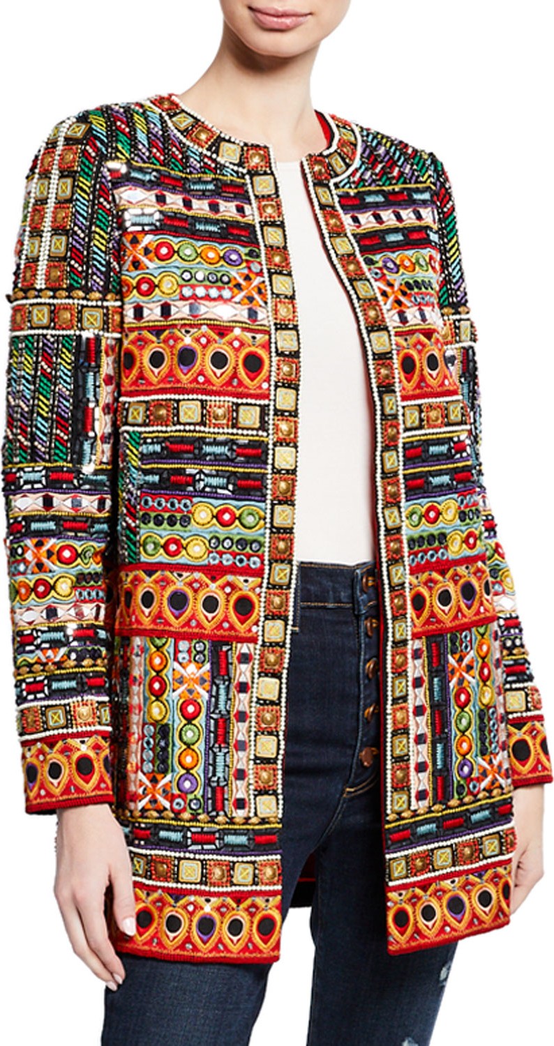 Alice + Olivia Rory Embroidered Long Collarless Jacket Alice + Olivia Rory Embroidered Long Collarless Jacket
