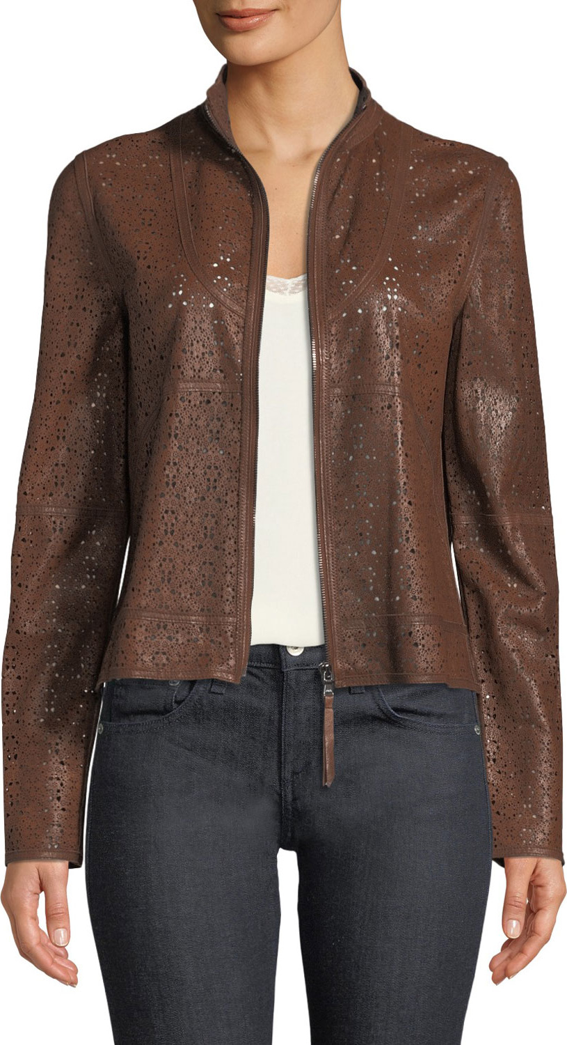 Elie Tahari Highline Laser-Cut Leather Topper Jacket
