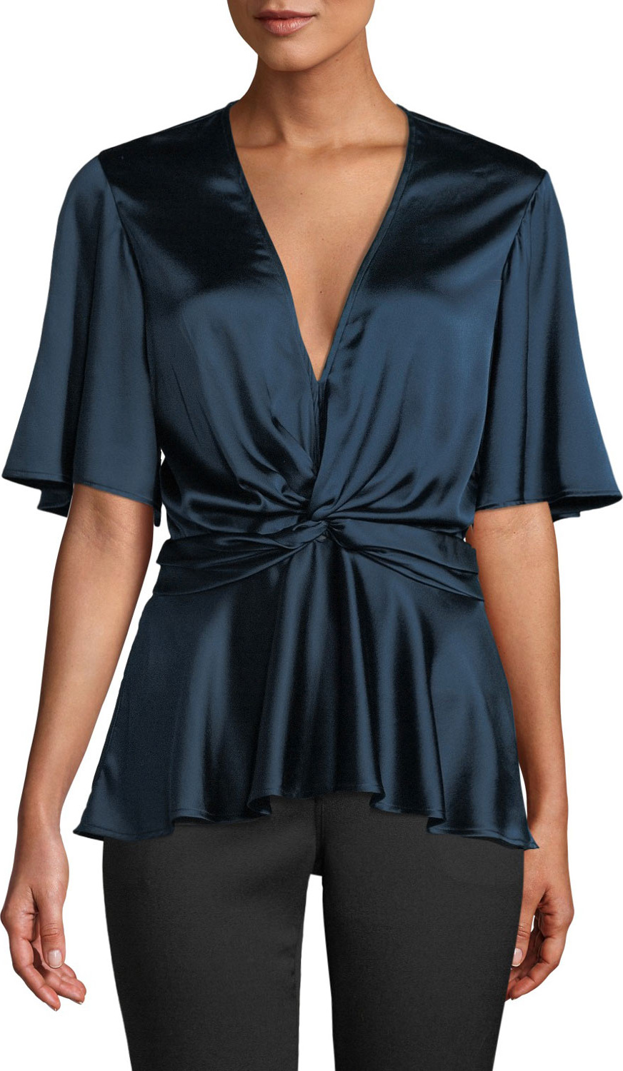 A.L.C. Alma Silk Flutter-Sleeve V-Neck Top