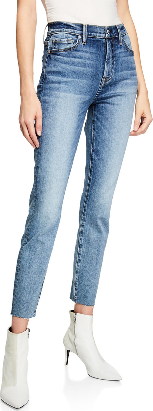 7 For All Mankind High-Rise Ankle Skinny Jeans w/ Cutoff Hem