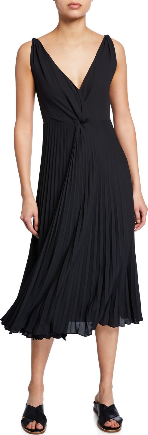 Vince Pleated Twist-Front Sleeveless Midi Dress