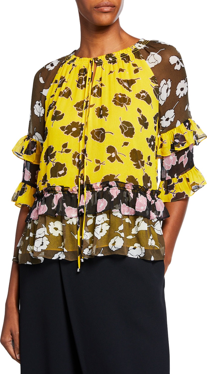 DIANE von FURSTENBERG Annabel Tiered Floral Silk Tie-Neck Top