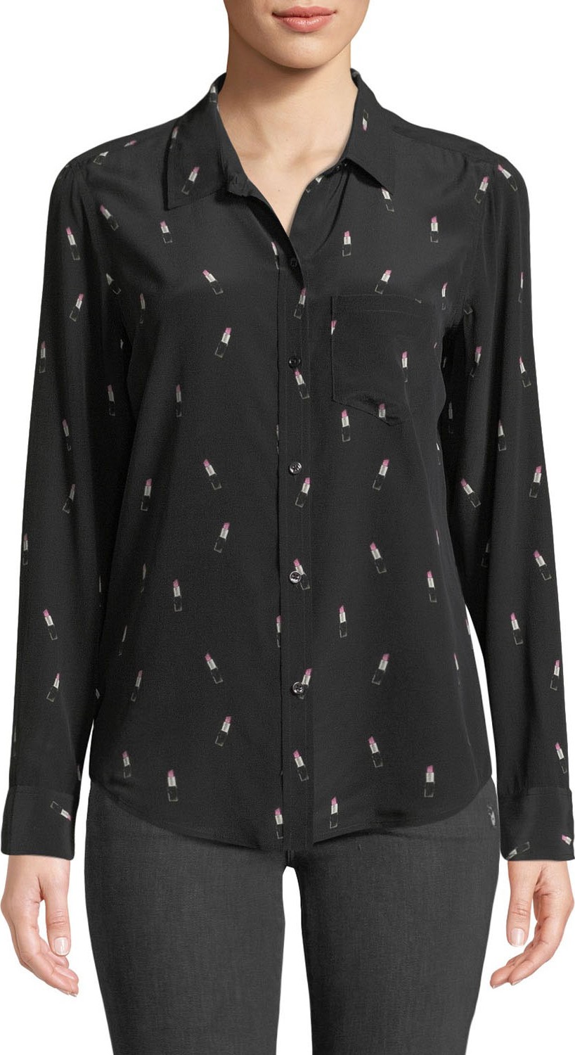 RAILS Kate Lipstick-Print Silk Button-Down Top