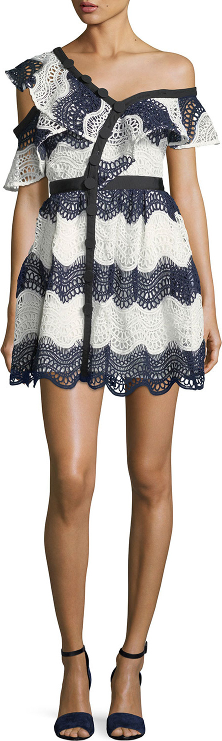 Self Portrait Wave Lace Frill One-Shoulder Cocktail Mini Dress