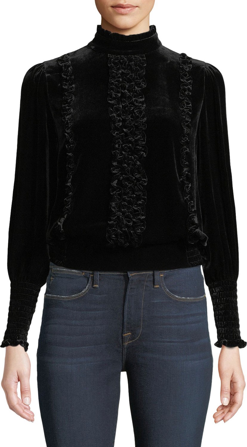 FRAME DENIM Mock-Neck Long-Sleeve Button-Back Ruffled Velvet Top