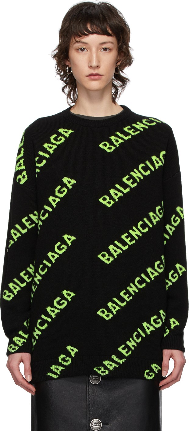 Balenciaga Black & Green All Over Logo Sweater